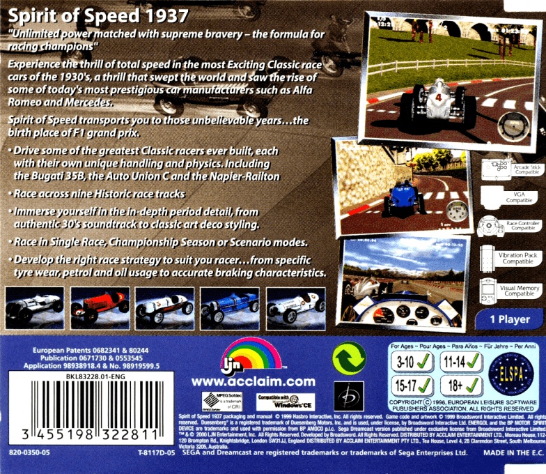 Face arriere du boxart du jeu Spirit of Speed 1937 (Europe) sur Sega Dreamcast