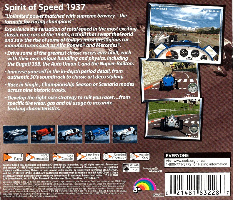 Face arriere du boxart du jeu Spirit of Speed 1937 (Etats-Unis) sur Sega Dreamcast