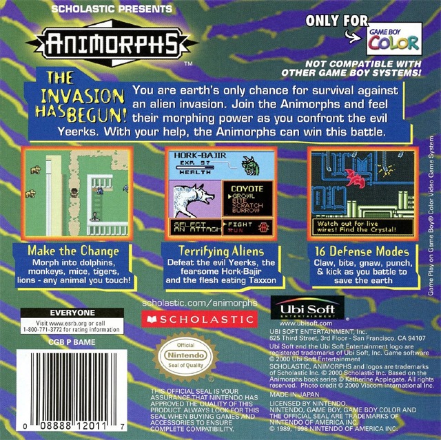 Face arriere du boxart du jeu Animorphs (Etats-Unis) sur Nintendo Game Boy Color