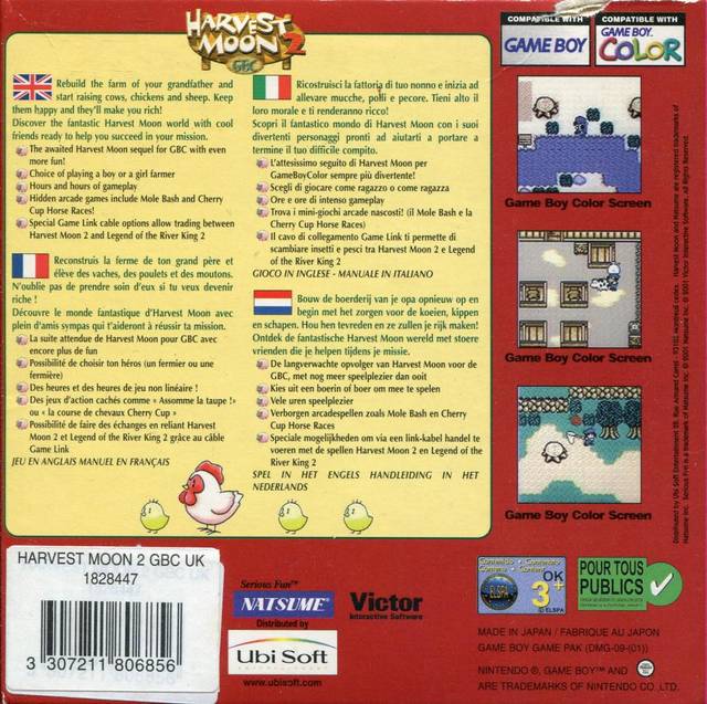 Face arriere du boxart du jeu Harvest Moon 2 GBC (Europe) sur Nintendo Game Boy Color