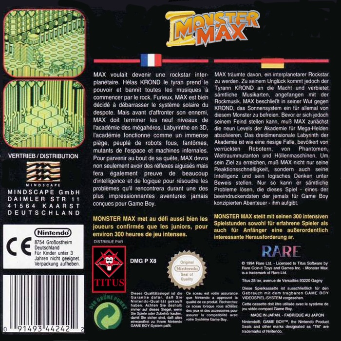 Face arriere du boxart du jeu Monster Max (Europe) sur Nintendo Game Boy