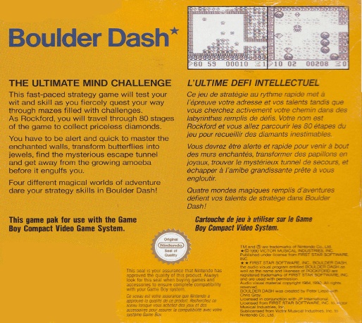 Face arriere du boxart du jeu Boulder Dash (Europe) sur Nintendo Game Boy