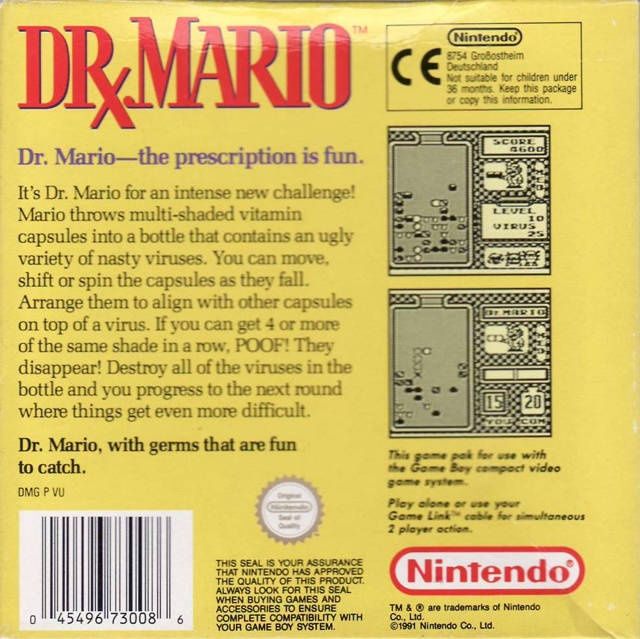 Face arriere du boxart du jeu Dr. Mario (Europe) sur Nintendo Game Boy