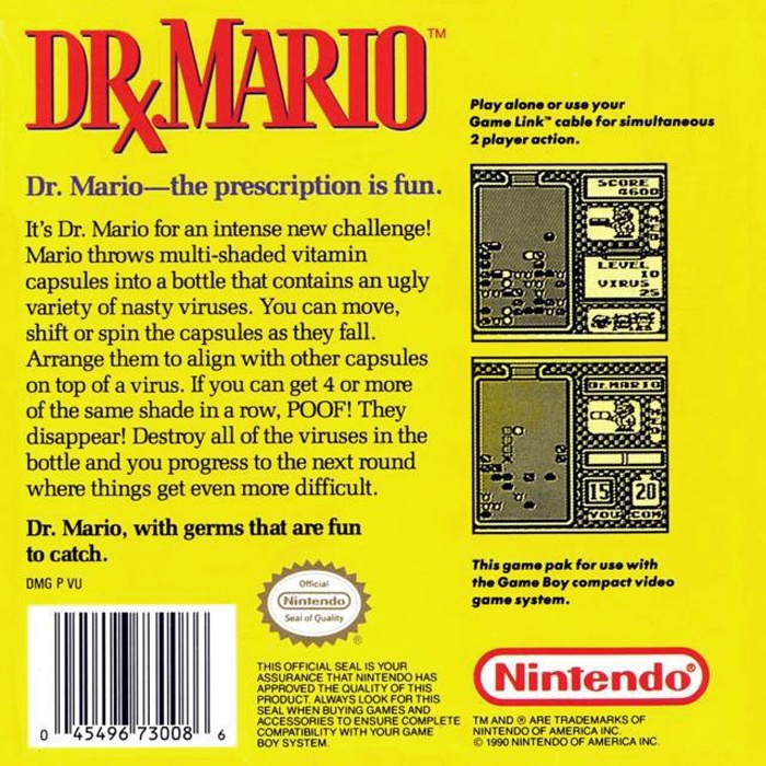 Face arriere du boxart du jeu Dr. Mario (Etats-Unis) sur Nintendo Game Boy