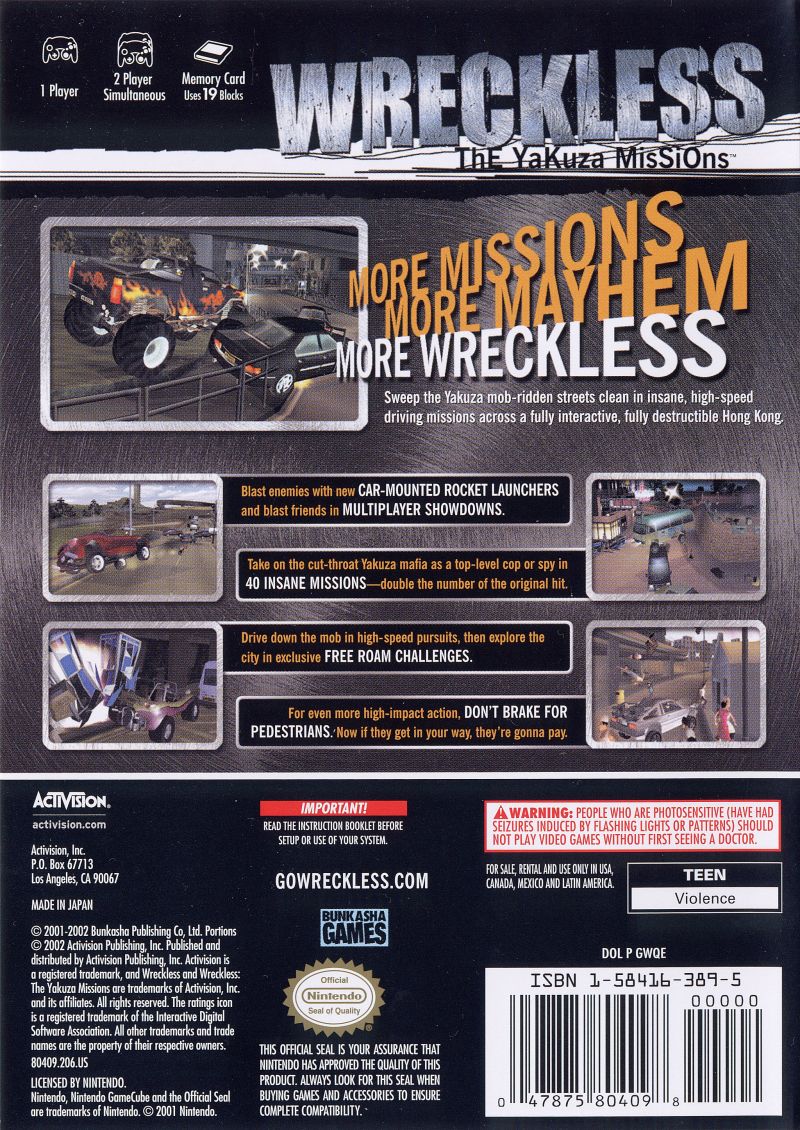 Face arriere du boxart du jeu Wreckless - The Yakuza Missions (Etats-Unis) sur Nintendo GameCube