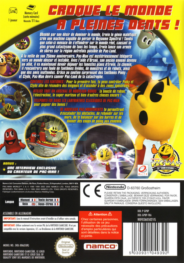 Face arriere du boxart du jeu Pac-Man World 3 (France) sur Nintendo GameCube