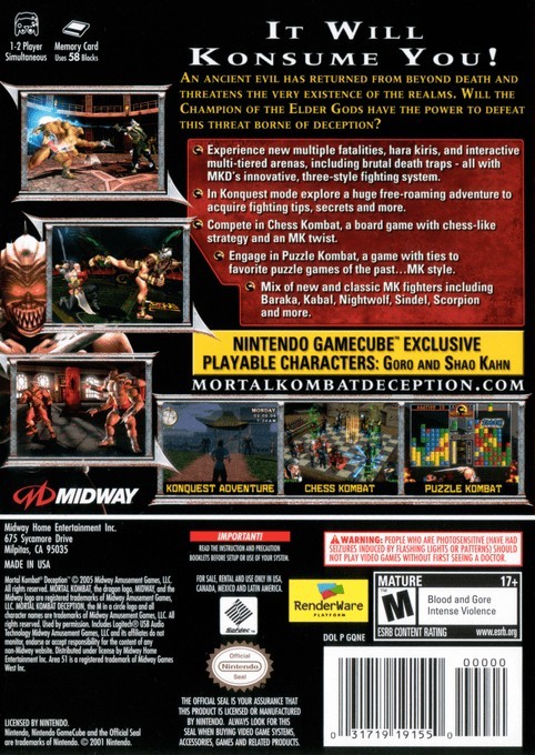 Face arriere du boxart du jeu Mortal Kombat - Deception (Etats-Unis) sur Nintendo GameCube