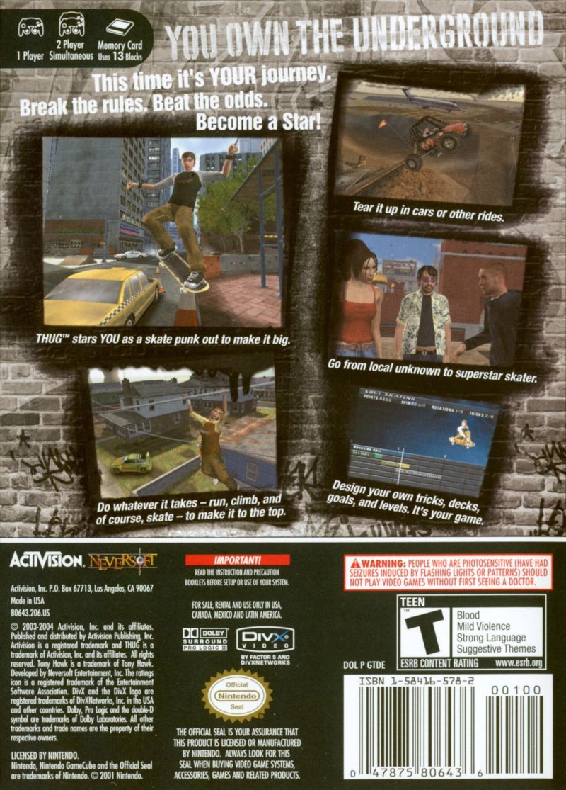 Face arriere du boxart du jeu Tony Hawk's Underground (Etats-Unis) sur Nintendo GameCube