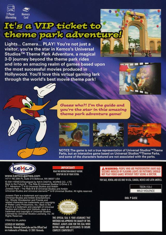 Face arriere du boxart du jeu Universal Studios Theme Parks Adventure (Etats-Unis) sur Nintendo GameCube