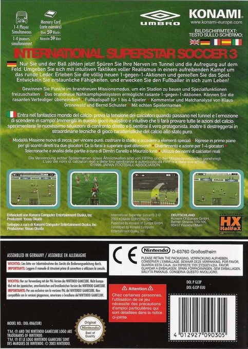 Face arriere du boxart du jeu International Superstar Soccer 3 (Allemagne) sur Nintendo GameCube