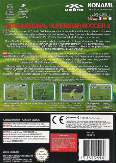 Face arriere du boxart du jeu International Superstar Soccer 3 (Espagne) sur Nintendo GameCube