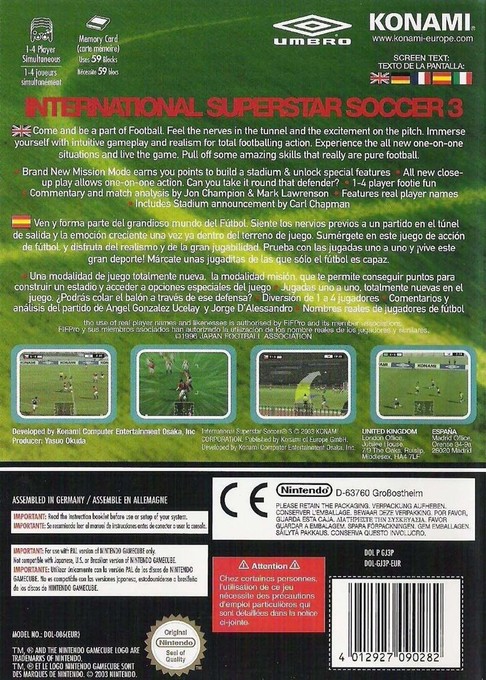Face arriere du boxart du jeu International Superstar Soccer 3 (Europe) sur Nintendo GameCube