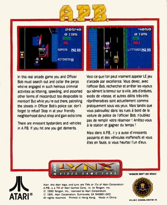 Face arriere du boxart du jeu A.P.B. (Etats-Unis) sur Atari Lynx