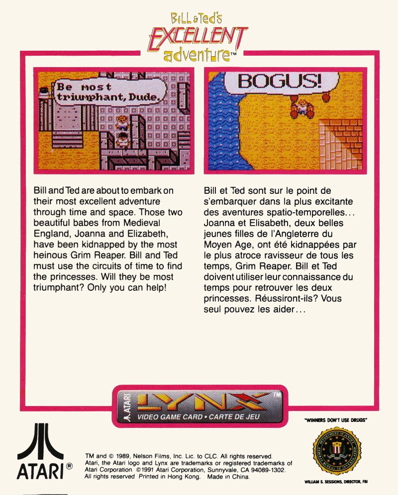 Face arriere du boxart du jeu Bill and Ted's Excellent Adventure (Etats-Unis) sur Atari Lynx