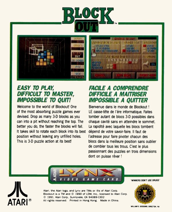 Face arriere du boxart du jeu Blockout (Etats-Unis) sur Atari Lynx