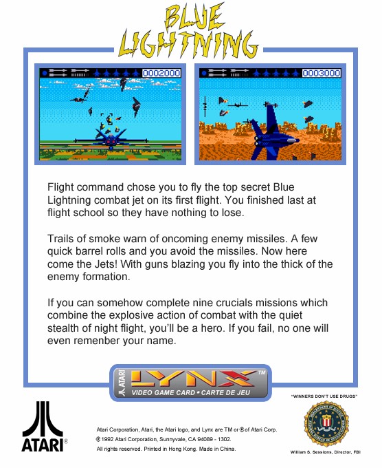 Face arriere du boxart du jeu Blue Lightning (Etats-Unis) sur Atari Lynx