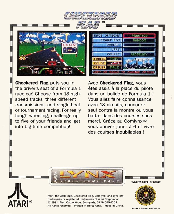 Face arriere du boxart du jeu Checkered Flag (Etats-Unis) sur Atari Lynx