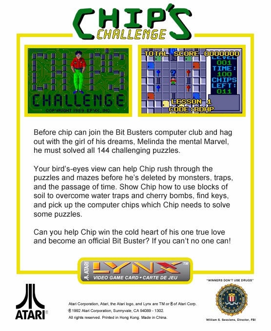 Face arriere du boxart du jeu Chip's Challenge (Etats-Unis) sur Atari Lynx