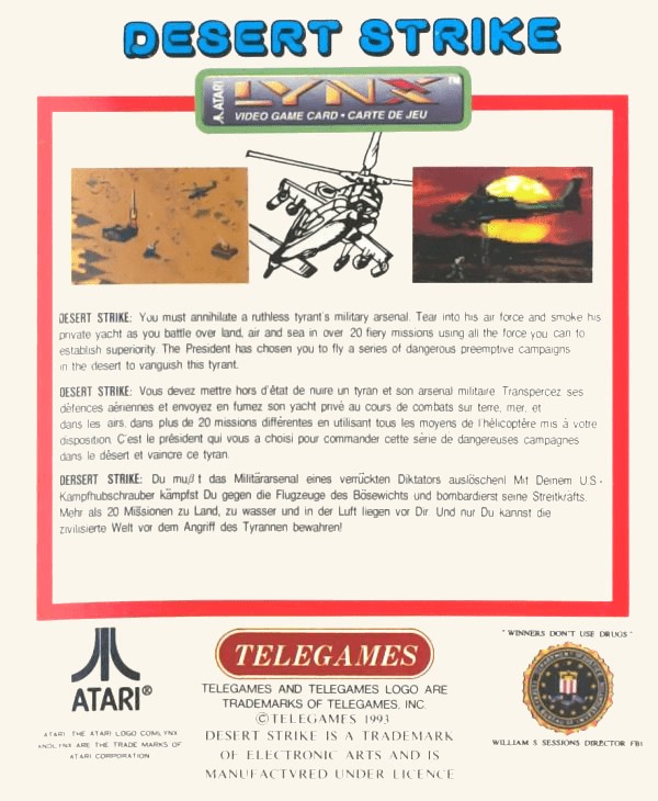 Face arriere du boxart du jeu Desert Strike - Return to the Gulf (Etats-Unis) sur Atari Lynx