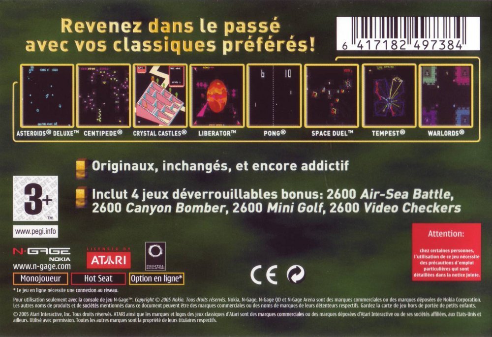 Face arriere du boxart du jeu Atari Masterpieces Vol. II (Europe) sur Nokia N-Gage