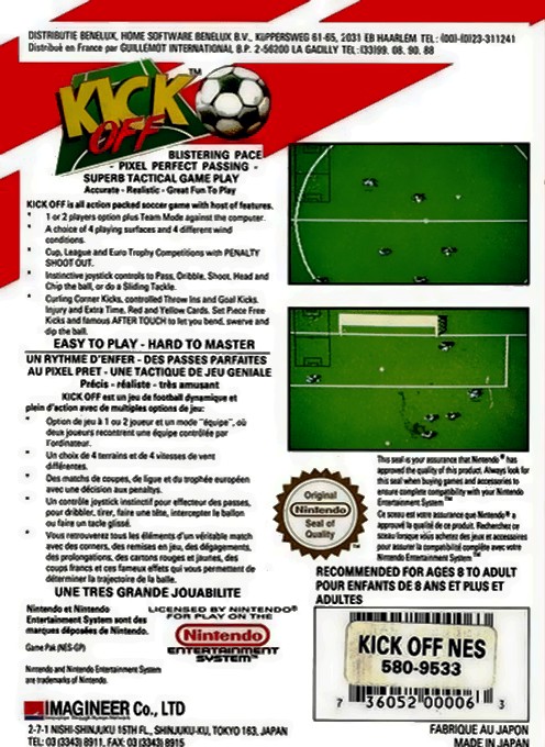 Face arriere du boxart du jeu Kick Off (Europe) sur Nintendo NES