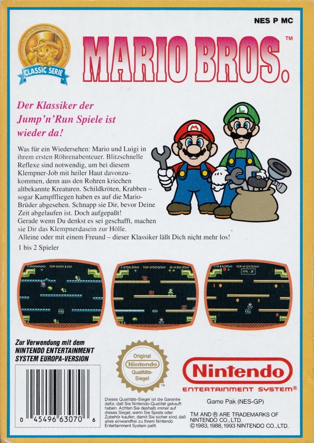 Face arriere du boxart du jeu Mario Bros. (Europe) sur Nintendo NES