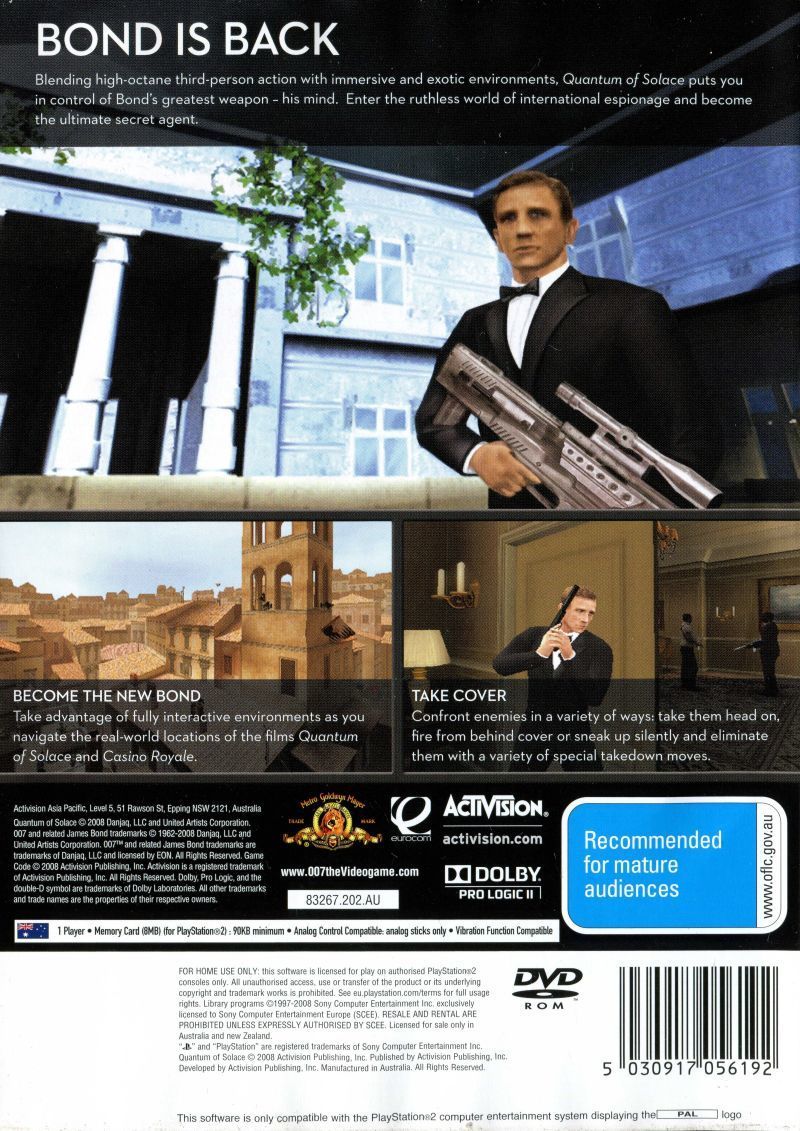 Face arriere du boxart du jeu 007 - Quantum of Solace (Australie) sur Sony Playstation 2