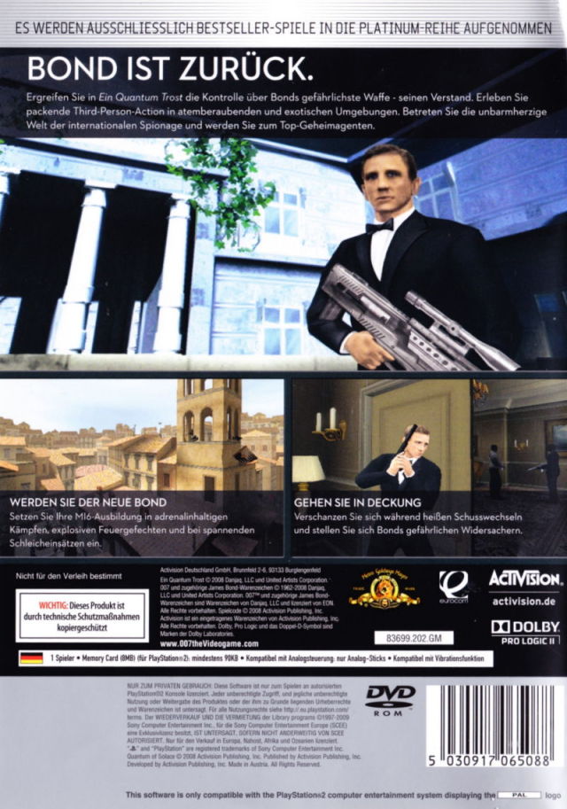 Face arriere du boxart du jeu 007 - Quantum of Solace (Europe) sur Sony Playstation 2