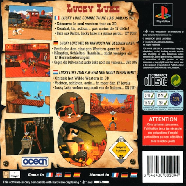 Face arriere du boxart du jeu Lucky Luke (Europe) sur Sony Playstation