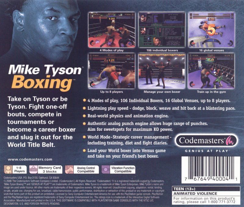 Face arriere du boxart du jeu Mike Tyson Boxing (Etats-Unis) sur Sony Playstation