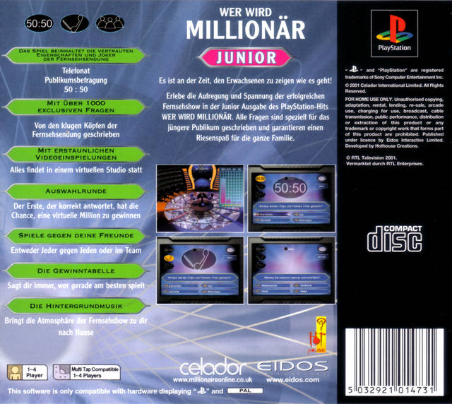 Face arriere du boxart du jeu Who Wants to Be a Millionaire? Junior (Europe) sur Sony Playstation