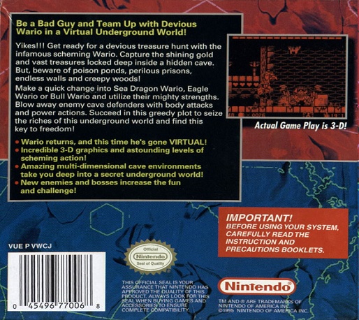 Face arriere du boxart du jeu Virtual Boy Wario Land (Etats-Unis) sur Nintendo Virtual Boy