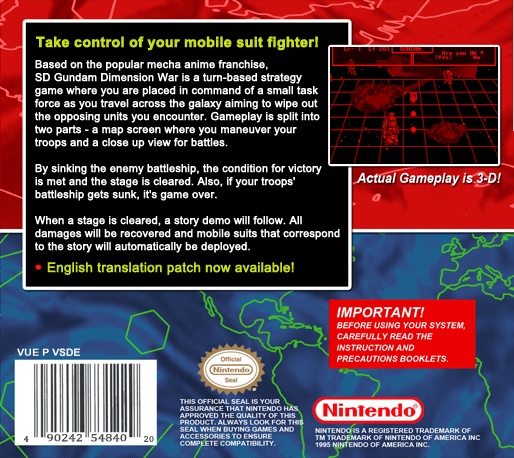 Face arriere du boxart du jeu SD Gundam Dimension War (Etats-Unis) sur Nintendo Virtual Boy