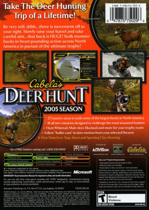 Face arriere du boxart du jeu Cabela's Deer Hunt 2005 Season (Etats-Unis) sur Microsoft Xbox
