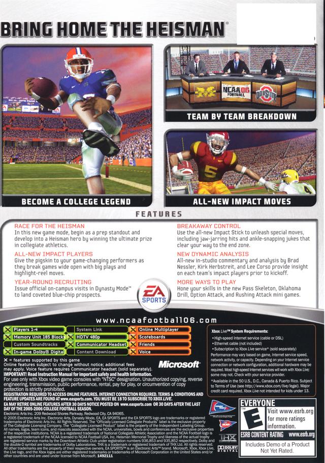 Face arriere du boxart du jeu NCAA Football 06 (Etats-Unis) sur Microsoft Xbox