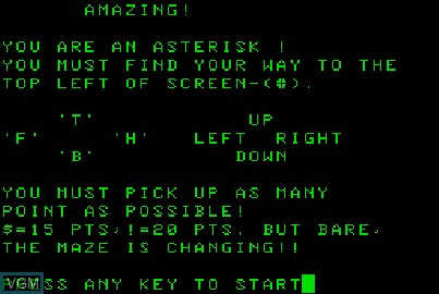 Image de l'ecran titre du jeu Amazing! sur Acorn Atom