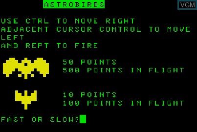 Image de l'ecran titre du jeu AstroBirds sur Acorn Atom