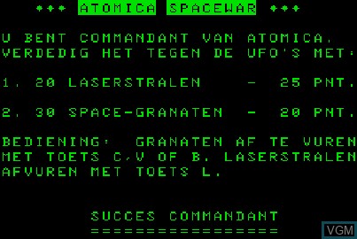 Image de l'ecran titre du jeu Atomica Spacewar sur Acorn Atom