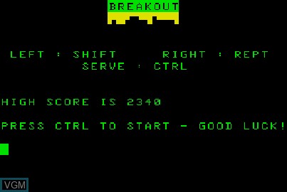 Image de l'ecran titre du jeu Breakout 2 sur Acorn Atom