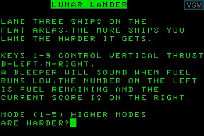 Image de l'ecran titre du jeu Lunar Lander sur Acorn Atom