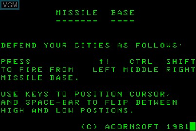 Image de l'ecran titre du jeu Missile Base sur Acorn Atom