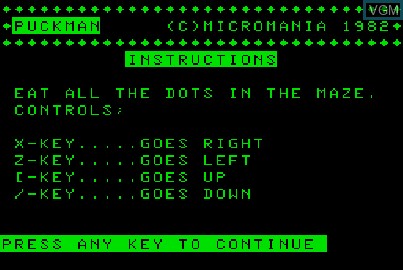 Image de l'ecran titre du jeu Puckman sur Acorn Atom
