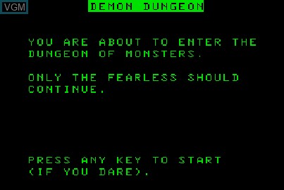 Image du menu du jeu Demon Dungeon sur Acorn Atom