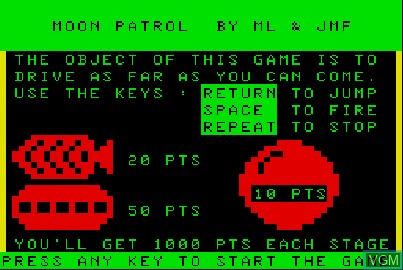 Image du menu du jeu Moon Patrol sur Acorn Atom