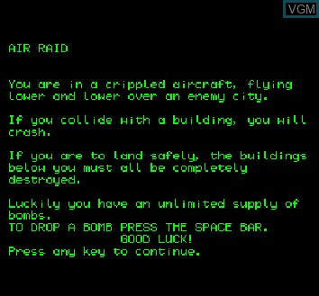 Image de l'ecran titre du jeu Air Raid sur Camputers Lynx