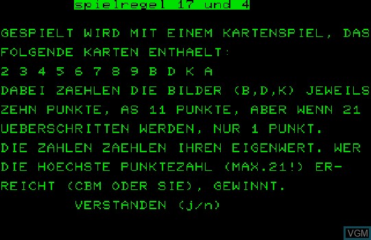 Image du menu du jeu 17 und 04 sur Commodore PET