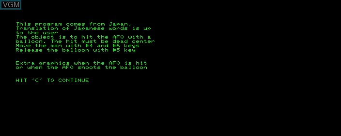 Image du menu du jeu AFO sur Commodore PET
