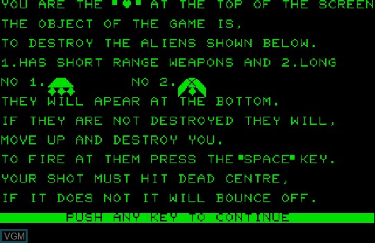 Image du menu du jeu Alien Attack sur Commodore PET