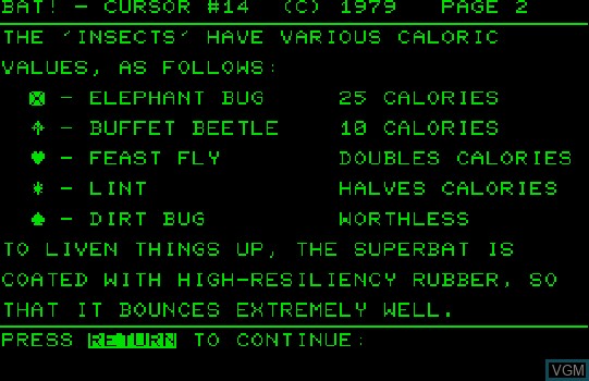 Image du menu du jeu Bat! sur Commodore PET