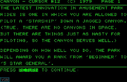 Image du menu du jeu Canyon sur Commodore PET
